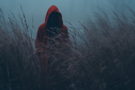 a person in a red hooded robe is standing in the middle of tall grassの素材