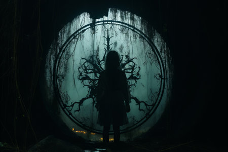 a person standing in front of a circular window in a dark roomの素材