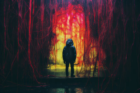 a person standing in front of a room filled with red ropesの素材