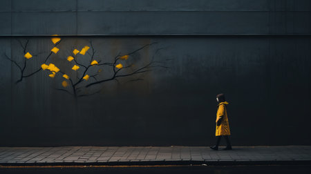 a person in a yellow raincoat standing in front of a wall with a tree painted on itの素材