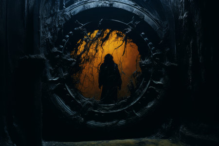 a person standing in front of a door with an orange light in the backgroundの素材