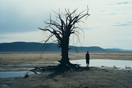 a person standing in front of a dead tree in the desertの素材