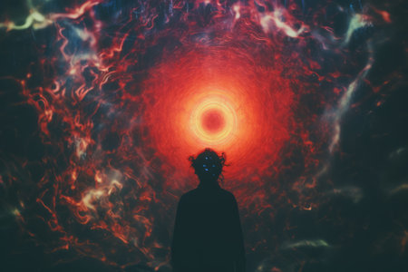 a person standing in front of a black hole with a red light in the backgroundの素材
