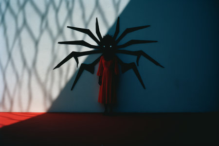 a person in a red dress standing in front of a spiderの素材