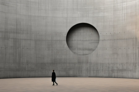 a person standing in front of a large concrete wallの素材
