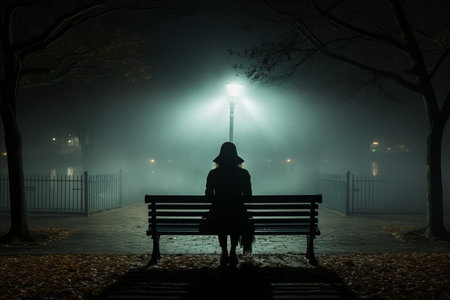 a person sitting on a bench at night in a foggy parkの素材