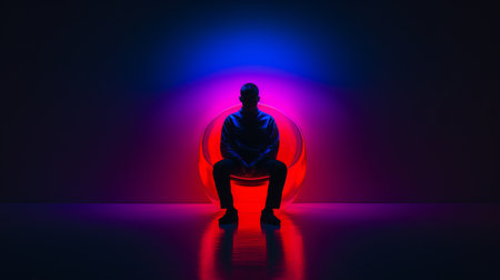 a person sitting on a chair in front of a red and blue lightの素材