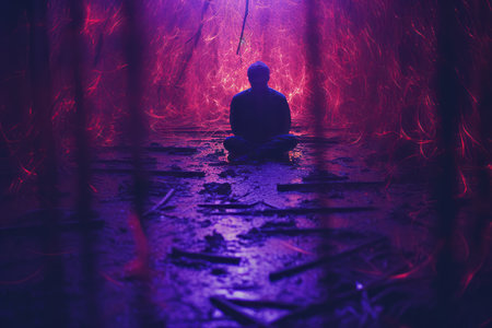 a person sitting in the middle of a dark forestの素材