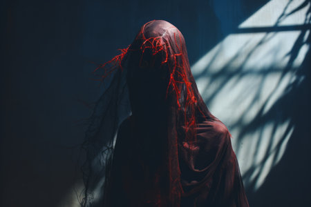 a person in a hood with red hair standing in front of a windowの素材