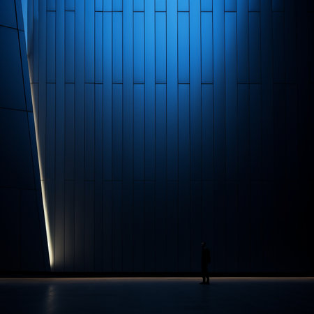 a person standing in front of a blue wallの素材