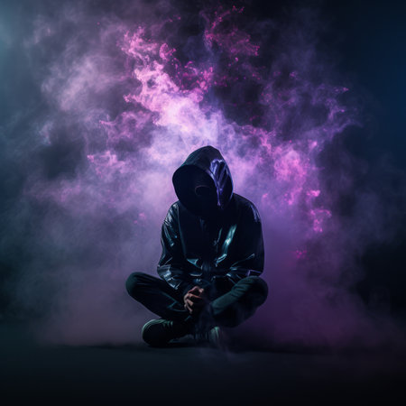 a person in a hoodie sitting on the ground with smoke coming out of his mouthの素材