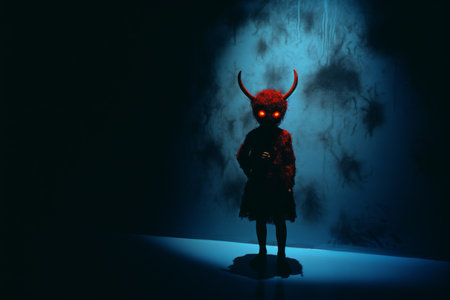 a person in a red dress standing in front of a blue wallの素材