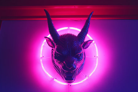 a neon sign with a goat head on itの素材