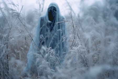 a person in a blue cloak standing in tall grassの素材