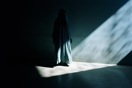 a person in a blue dress standing in a dark roomの素材