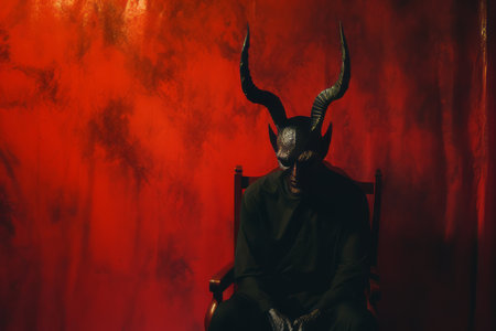 a man with horns sitting on a chair in front of a red wallの素材