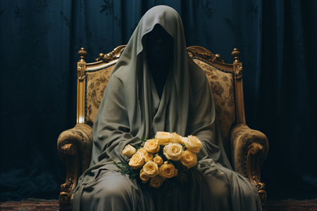 a person in a hood sitting on a chair with a bouquet of flowersの素材