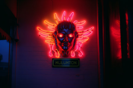a neon sign with a face on it in front of a buildingの素材