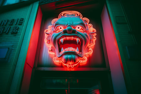 a neon sign with a scary face on it in front of a buildingの素材