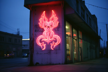 a neon sign of a dragon on the side of a buildingの素材