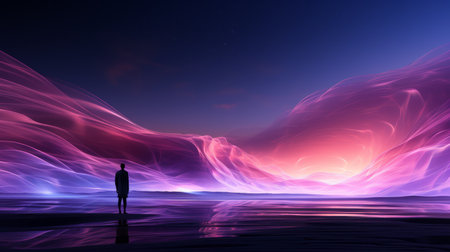 a man standing in front of a purple and pink landscapeの素材