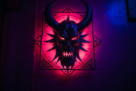 a neon sign with a demon head on itの素材
