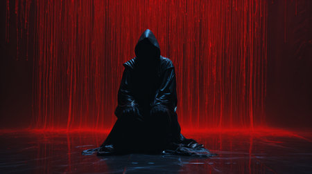 a person in a black robe sitting on the floor in front of a red curtainの素材