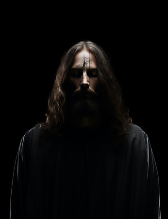 a man with long hair and a cross on his chestの素材