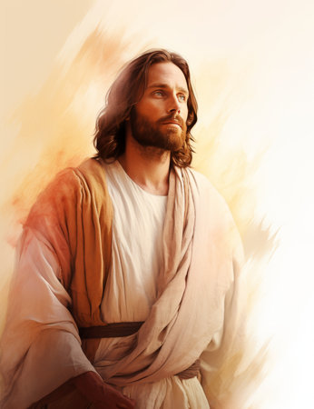 a painting of jesus standing in front of a white backgroundの素材