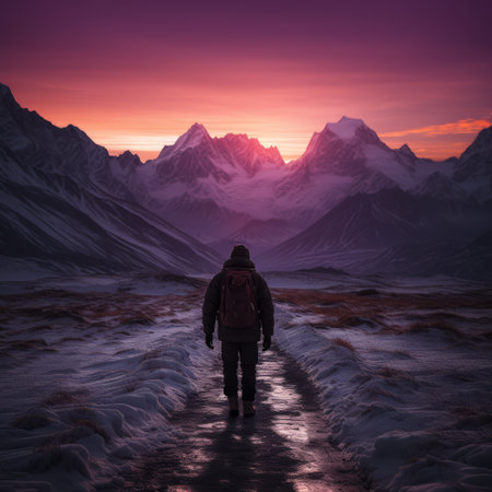 a man walking down a path in the snow with mountains in the backgroundの素材