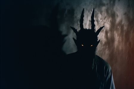 a man with horns standing in front of a dark backgroundの素材