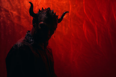 a man with horns standing in front of a red curtainの素材