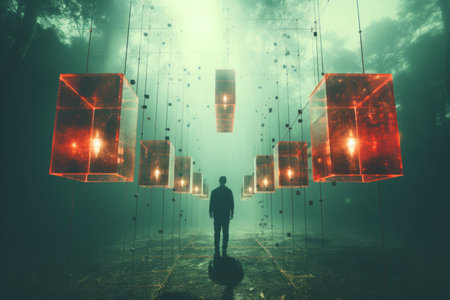 a man standing in the middle of a forest surrounded by red lightsの素材