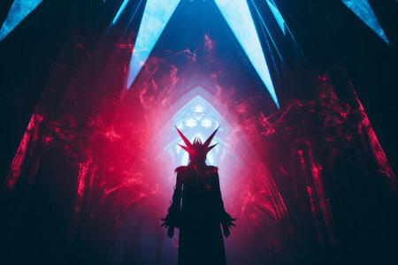 a man standing in front of a church with red and blue lightsの素材