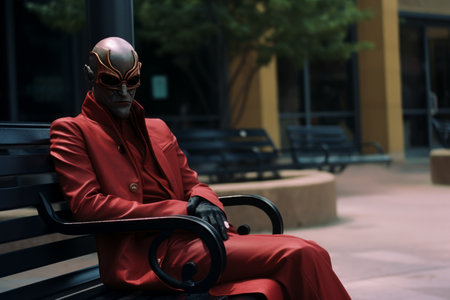 a man in a red suit sitting on a benchの素材