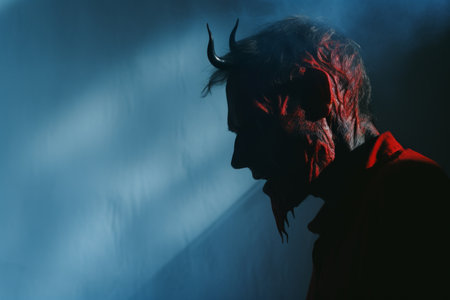 a man in a red shirt with horns on his faceの素材