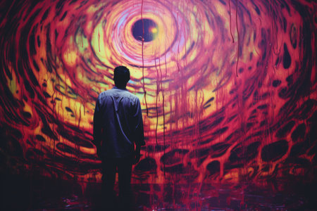 a man standing in front of a large paintingの素材