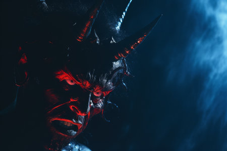 a devil with horns and red eyes in the darkの素材