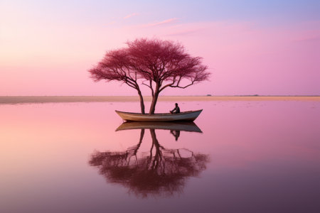 a man sitting in a boat with a tree in the middle of the waterの素材