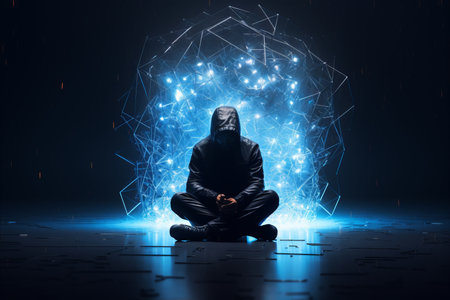 a man in a hoodie sitting in front of a glowing lightの素材