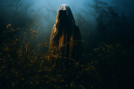 a man in a hooded robe standing in the middle of a fieldの素材