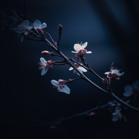 a branch of cherry blossoms on a dark backgroundの素材