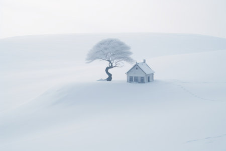 a lone tree and a house in the middle of a snowy fieldの素材