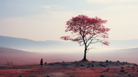 a lone red tree stands in the middle of a fieldの素材
