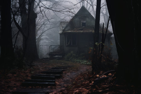 a creepy house in the woods with steps leading to itの素材