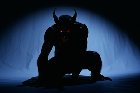a demon with red eyes is sitting in the darkの素材