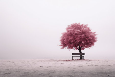 a lone tree and bench in a foggy fieldの素材