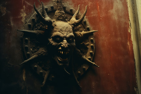 a demon head on the wall of a buildingの素材