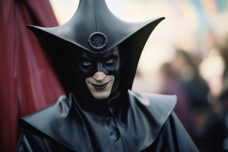 a man in a black costume with horns on his headの素材