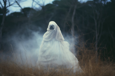 a ghost in a white dress standing in the middle of a fieldの素材